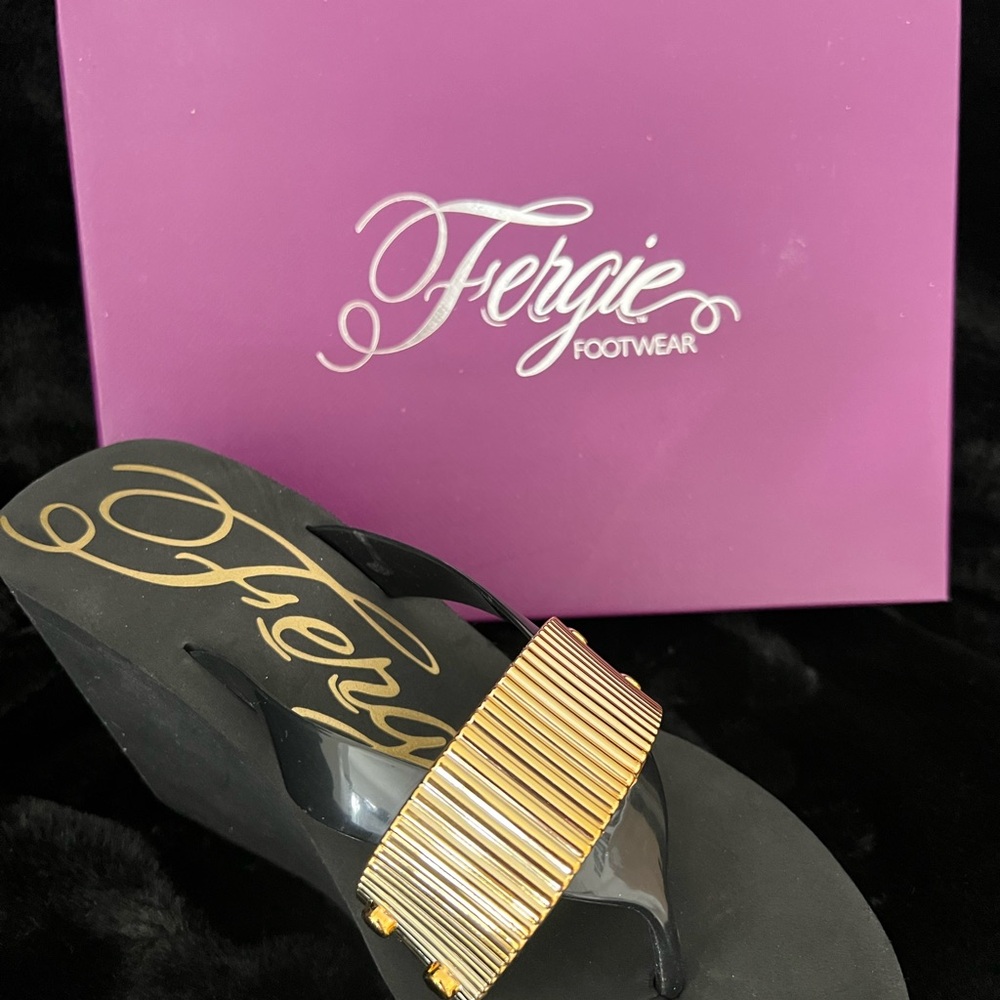 Fergie Black and Gold Wedge Shoes